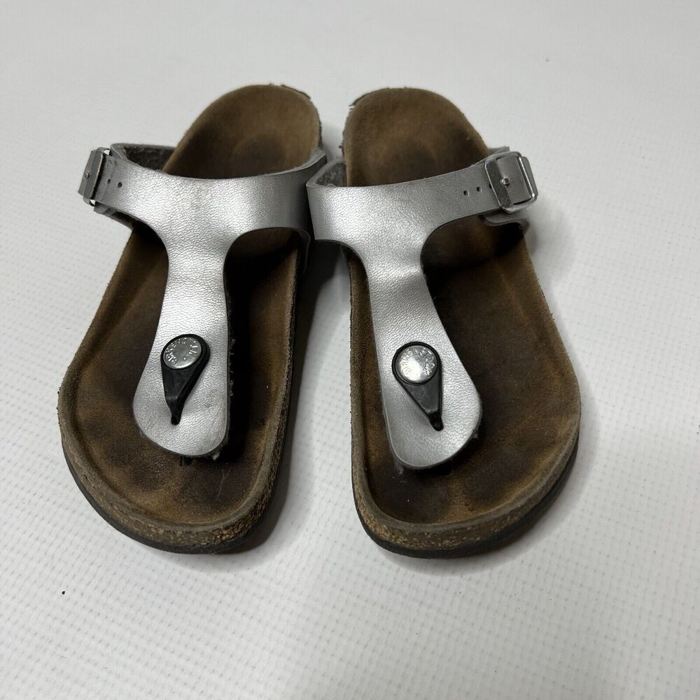 Birkenstock Young Gizeh Silver Leather Sandals Size 31 EU 13 US Narrow Strap